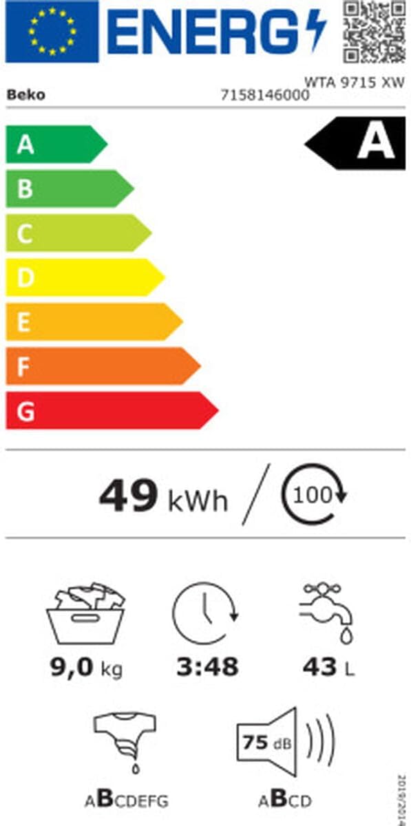 Lavadora Beko Clase A 9 Kg 1400 rpm