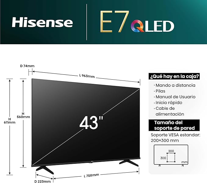 Hisense QLED Smart TV, 43 Pulgadas Televisor, Quantum Dot Colour, Dolby Vision