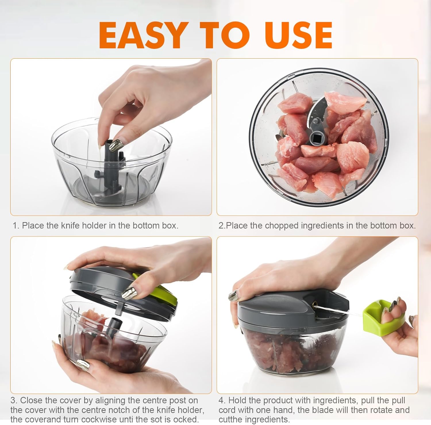 Picadora Manual de Alimentos Multifuncional – Cortador para Cebolla, Ajo y Verduras con Sistema de Tirador