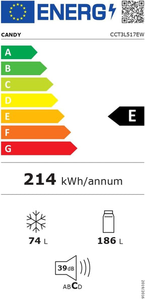 Frigorífico Combi, 55CM, Altura 1,77m, 260L, Low Frost, Función SuperCool, Cajón Verdulero, Control electrónico interno, LED, Puertas Reversibles, 39DB, Clase E, Blanco [Clase de eficiencia energética E]