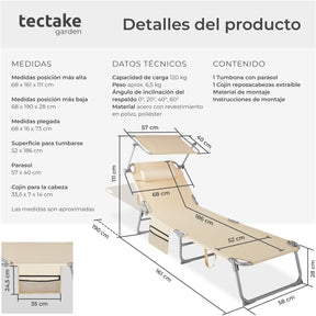 Tumbona Plegable de Jardín de Acero – Reclinable 6 Posiciones con Parasol, Reposacabezas y Bolsillo Lateral
