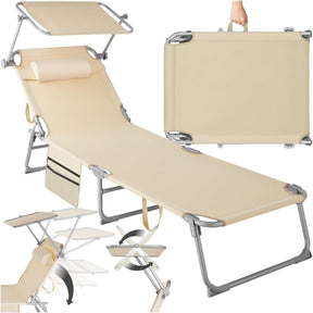 tectake® Tumbona de Jardín Exterior en Acero, Plegable con Reposacabezas, Parasol y Bolsillo Lateral, Reclinable en 6 Posiciones, Ideal para Piscina y Resistente a la Intemperie – Gris