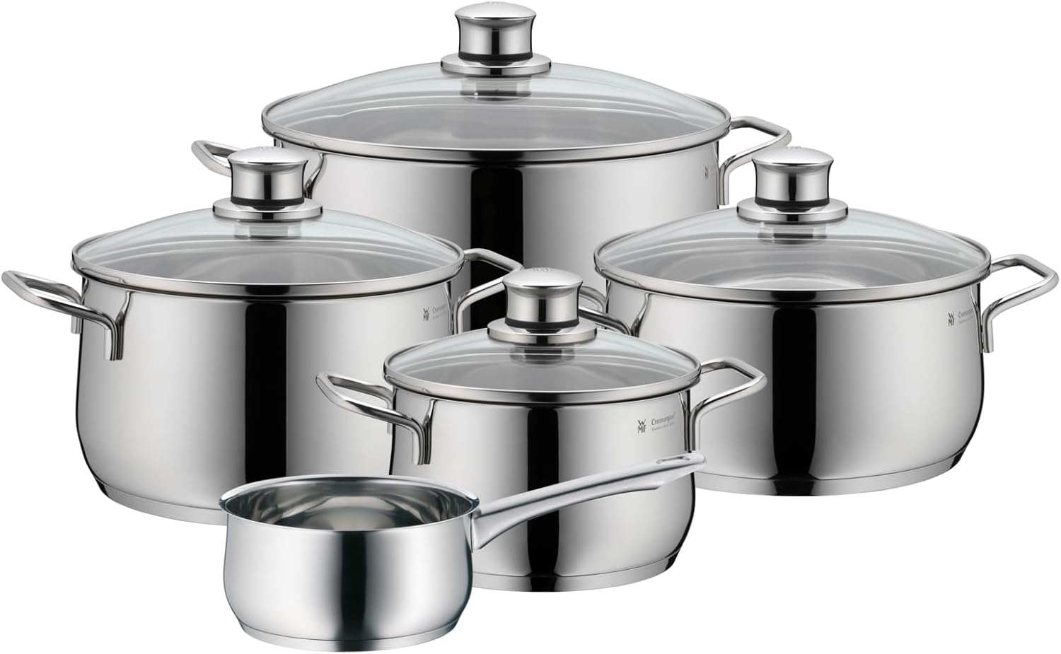 Batería de Cocina de 5 Piezas de Acero Inoxidable – Ollas Aptas para Inducción con Tapas de Cristal