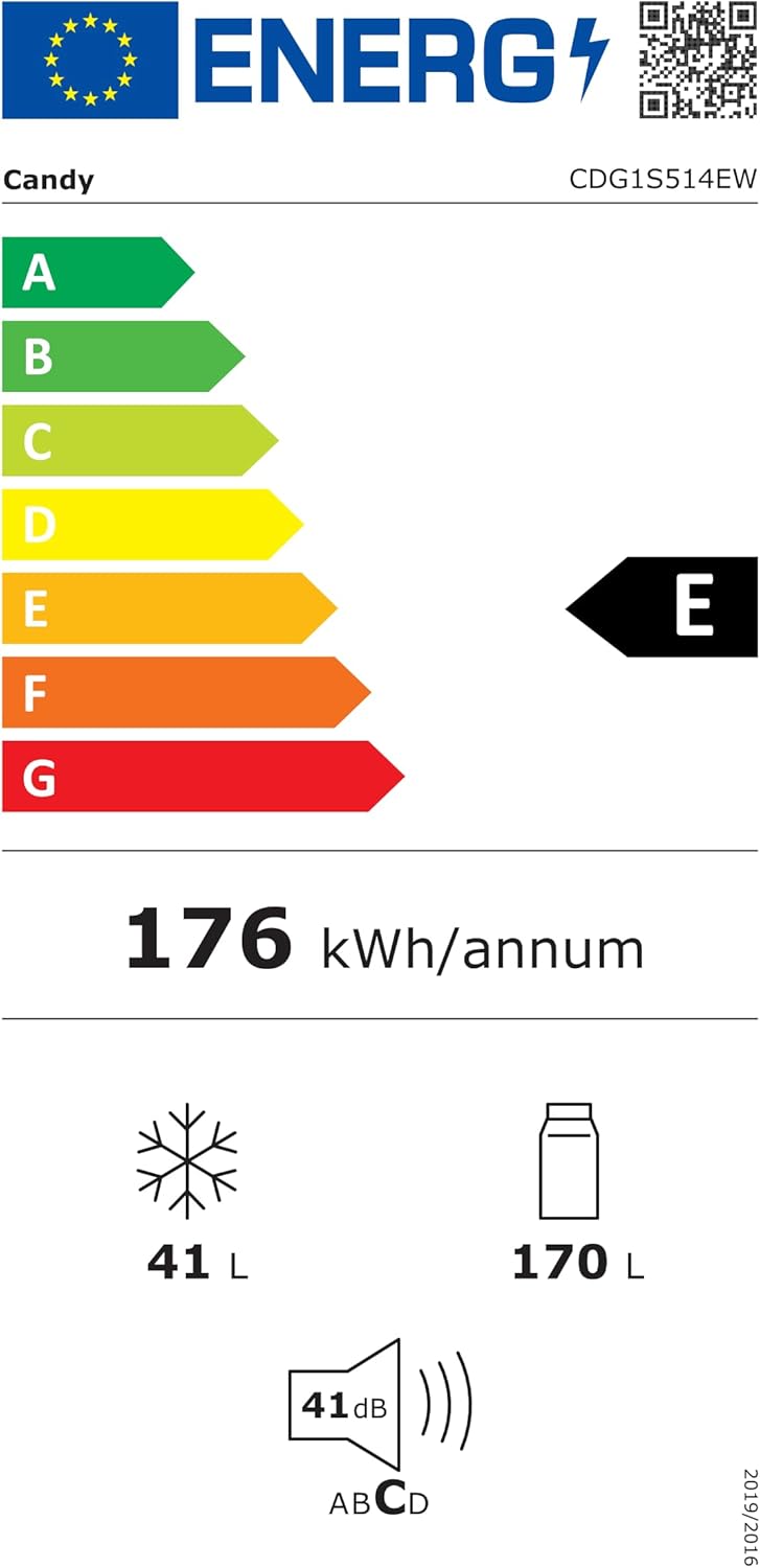 Frigorífico Combi, 211L, Cajón Verdulero, Iluminación LED, Puerta Reversible, 41DB, Alarma de Puerta, Ancho 55cm, Altura 1,45m, Blanco [Clase de eficiencia energética E]