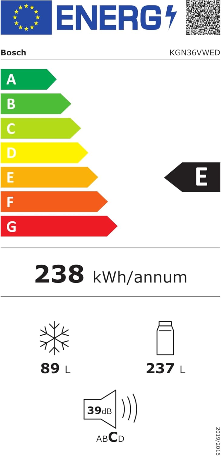 Frigorífico combi, Libre Instalación, VitaFresh Plus con Tirador integrado, 186x60 cm, 326 l, Color Blanco [Clase de eficiencia energética E]
