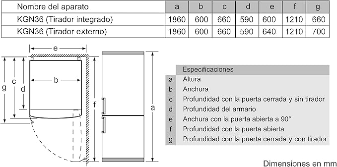 Frigorífico combi, Libre Instalación, VitaFresh Plus con Tirador integrado, 186x60 cm, 326 l, Color Blanco [Clase de eficiencia energética E]