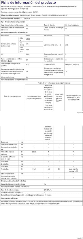 Frigorífico Combi, 55CM, Altura 1,77m, 260L, Low Frost, Función SuperCool, Cajón Verdulero, Control electrónico interno, LED, Puertas Reversibles, 39DB, Clase E, Blanco [Clase de eficiencia energética E]