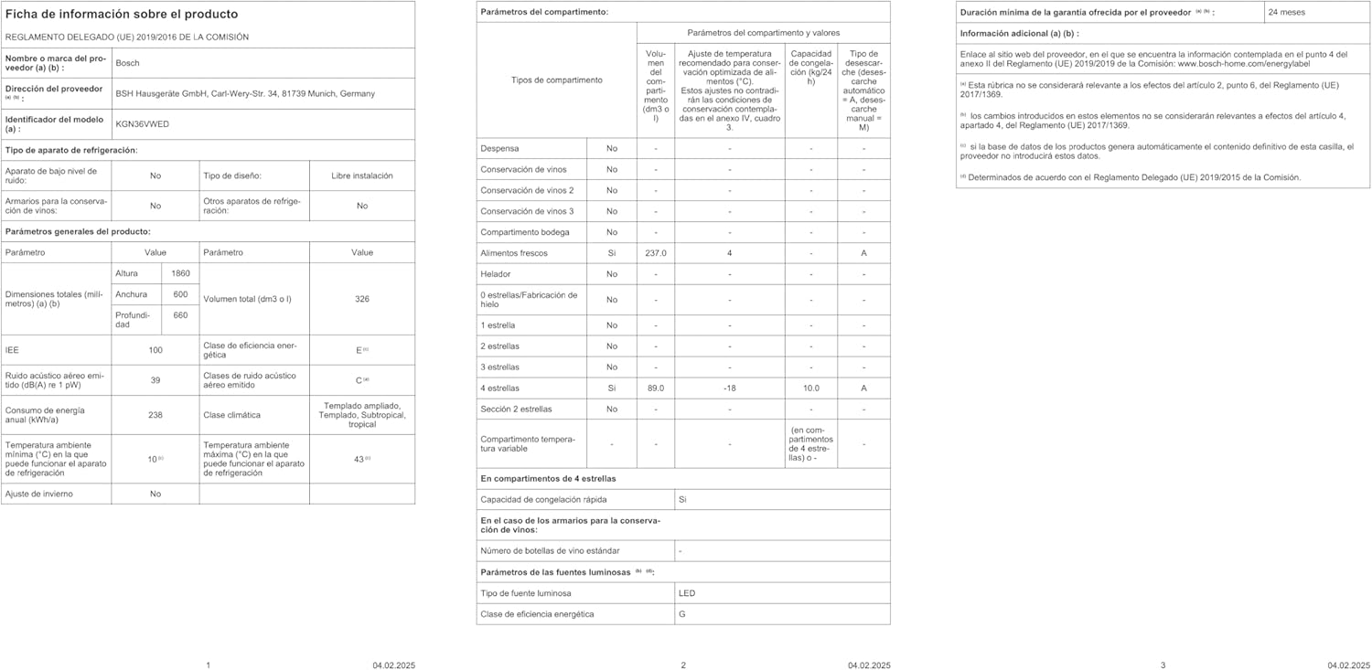 Frigorífico combi, Libre Instalación, VitaFresh Plus con Tirador integrado, 186x60 cm, 326 l, Color Blanco [Clase de eficiencia energética E]