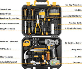 Kit de Herramientas Completo con Taladro Atornillador 8V – Maletín 126 Piezas para Bricolaje y Hogar