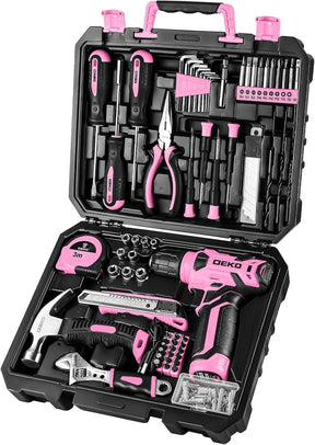 DEKO Juego Completo de Herramientas con Destornillador Eléctrico/Taladro de 8V, Maletín Profesional de 126 Piezas, Set Premium de Herramientas para Bricolaje en Hogar, Oficina y Jardín, Gris