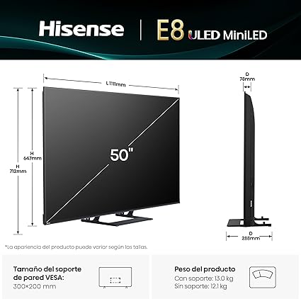 2025 Hisense 55E8Q Mini LED Smart TV, Quantum Dot, 144 Hz, subwoofer integrado, Dolby Vision