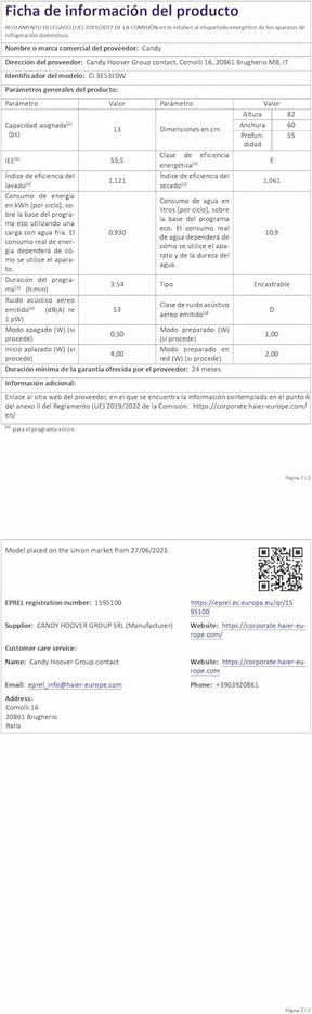 Lavavajillas Integrable Candy 60 CM, 13 Servicios, Digital, 53 Dba