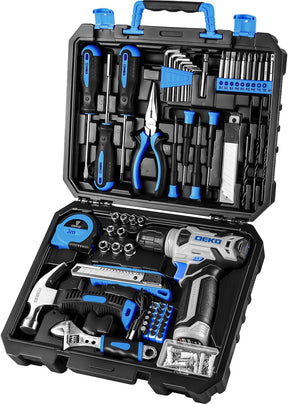 DEKO Juego Completo de Herramientas con Destornillador Eléctrico/Taladro de 8V, Maletín Profesional de 126 Piezas, Set Premium de Herramientas para Bricolaje en Hogar, Oficina y Jardín, Gris