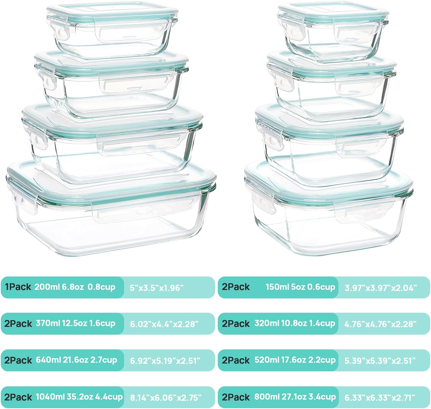 Set de Recipientes de Cristal Herméticos para Alimentos – Envases Reutilizables con Tapas, Aptos para Microondas y Lavavajillas (15 paquetes)