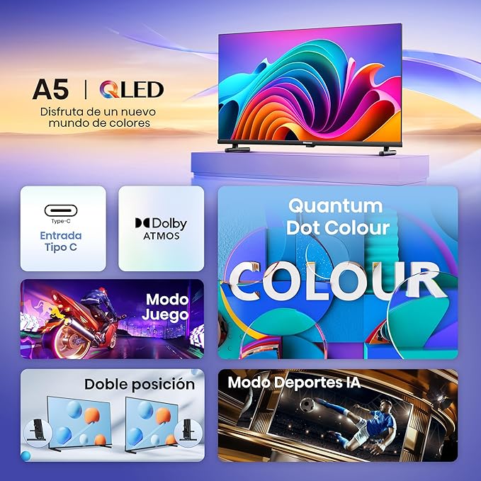 Hisense QLED TV, 32 Pulgadas, Dolby Atmos, Modo Juego, Entrada Tipo C
